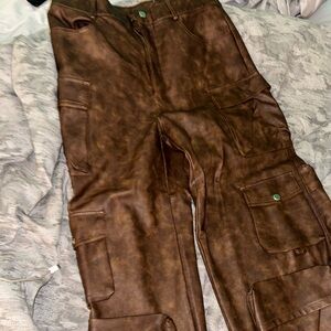 Brown Vegan Leather Cargo Pants